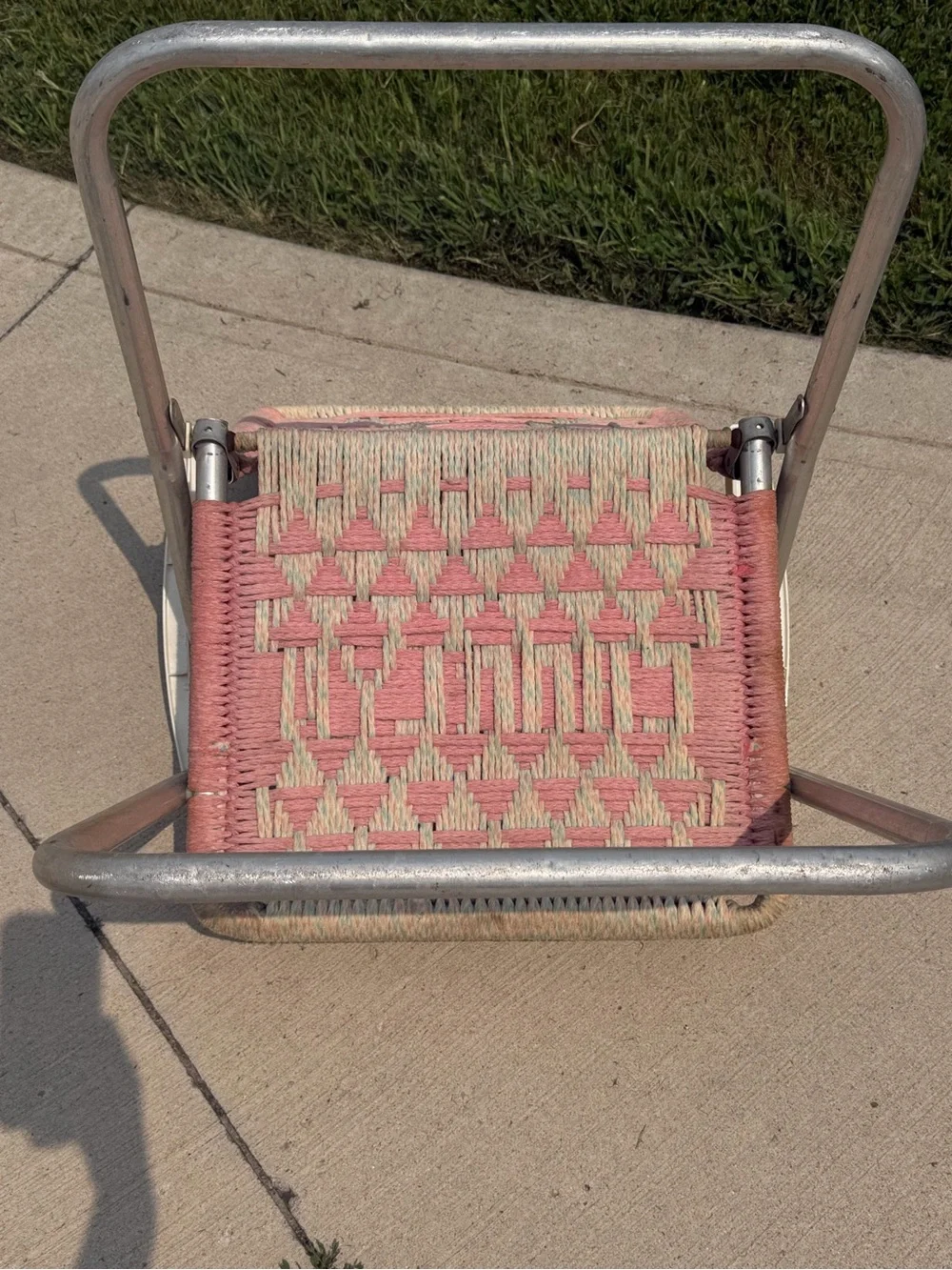 Vintage 1960s 70s Woven Aluminum Folding Lawn Chairs Pink Heart Pair  of Macrame